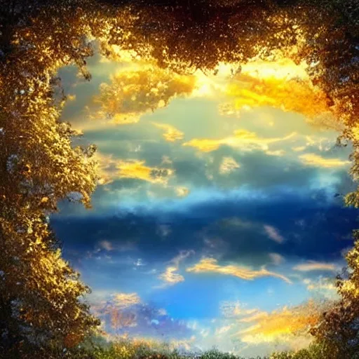 Image similar to Amazing View of fantasy Beautiful Sky Scenery with ornate gold and silver iridescent castles of light Highly detailed Vines Trees Gardens flowers in bloom clouds sunset holographic metallic angelic prismatic reflections Depth of field HDR