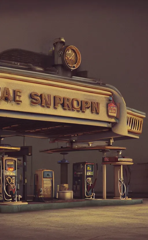 Prompt: steampunk gas station, garage, closeup, 4 k, polished, photorealistic, hard edges, zoomed in, very coherent, sharp focus, rim light, exquisite lighting, hard edges, sci - fi, cinematic, octane render