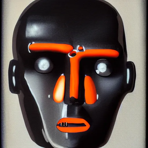 Prompt: photorealistic portrait humanoid metallic black robot, orange accents