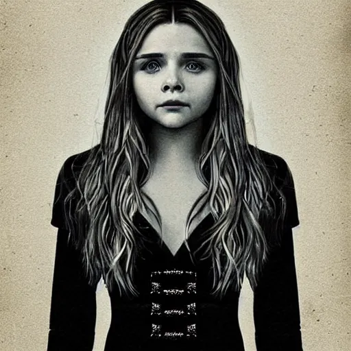 Image similar to “ chloe grace moretz portrait as a wizard from hogwarts, poster, digital drawing, realistic, sharp focus, magic, magic wand, spells, stars, creatures ”