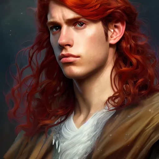 Image similar to portrait of a young curious ranger, male, masculine, upper body, red hair, long hair, soft hair, D&D, fantasy, intricate, elegant, highly detailed, digital painting, artstation, concept art, matte, sharp focus, illustration, art by Artgerm and Greg Rutkowski and Alphonse Mucha