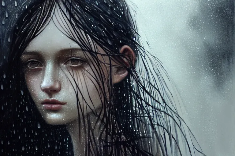 Image similar to portrait of a girl in the rain with wet hair and face, fantasy, intricate, elegant, dramatic lighting, emotionally evoking symbolic metaphor, highly detailed, lifelike, photorealistic, digital painting, artstation, concept art, smooth, sharp focus, illustration, art by John Collier and Albert Aublet and Krenz Cushart and Artem Demura and Alphonse Mucha