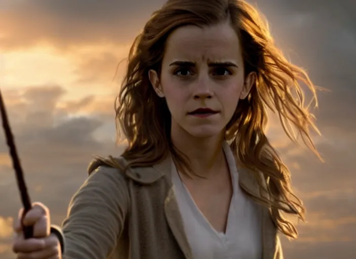 Prompt: film still. screenshot. emma watson as hermione granger. pointing her wand. action scene. slight motion blur. during golden hour. cinematic lighting. directed by christopher nolan and denis villeneuve. extremely detailed. 4 k.