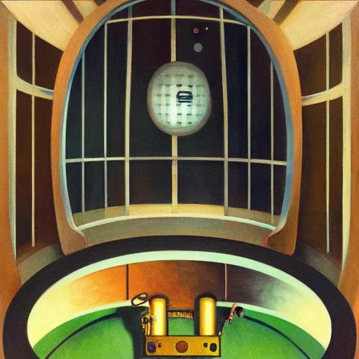 Image similar to robot being reanimated inside a dome - shaped control center, evil lair, grant wood, pj crook, edward hopper, oil on canvas