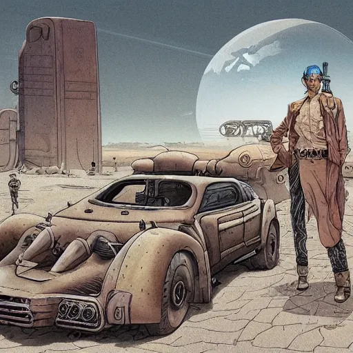 Image similar to a man standing next to a car in desert, brutalist city, dieselpunk style, steampunk, jean giraud, moebius, francois schuiten, illustration, drawing, painting, clean lines, digital art, detailed, artstation, hd, 8 k, 4 k