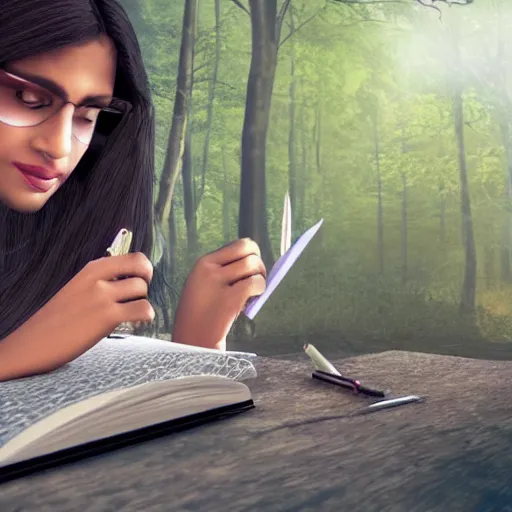 Image similar to a brown female author writing a book in a cottage in the woods, detailed digital art, trending on artstation, realistic! 8k