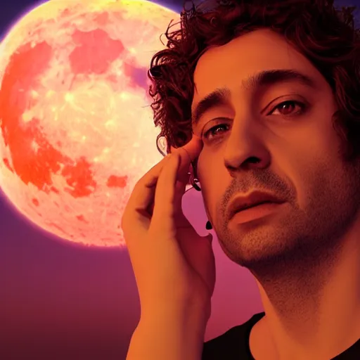 Image similar to gustavo cerati looking at the red moon in the universe, universe, stars, digital art, render unreal engine, octane render, highly detailed face, asymmetrical