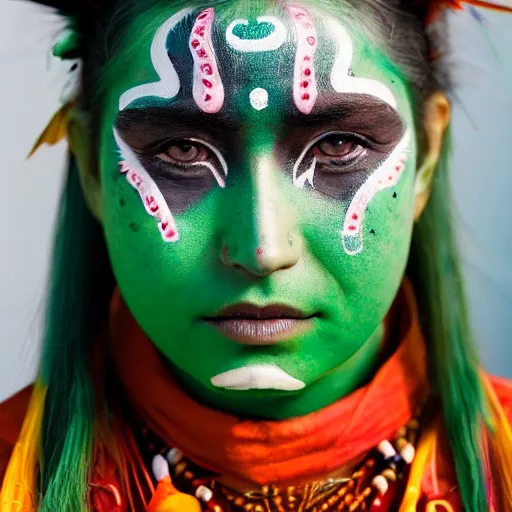 Image similar to minimalist photography portrait of an elaborately adorned female shaman warrior, face paint, symmetrical, super close up, mid thirties, cute round green slanted eyes, porcelain skin, wide nostrils, chubby cheeks, high flat eyebrows, ethereal essence, angelic, leica 1 0 0 mm f 0. 8