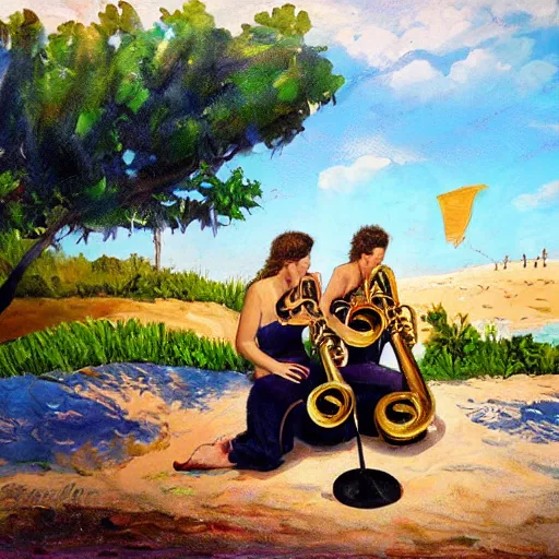 Image similar to tuba quartet on a beach landscape