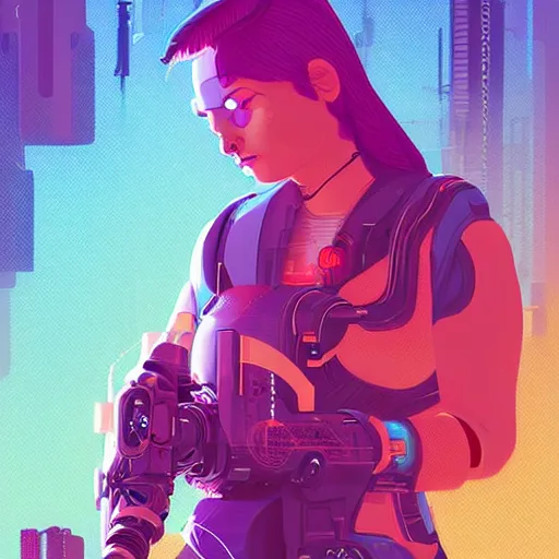 Image similar to butch cyborg woman repairs herself, cyberpunk art by james gilleard, cgsociety, retrofuturism, synthwave, retrowave, outrun