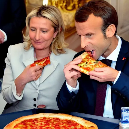 Prompt: macron eating a pizza with marine lepen