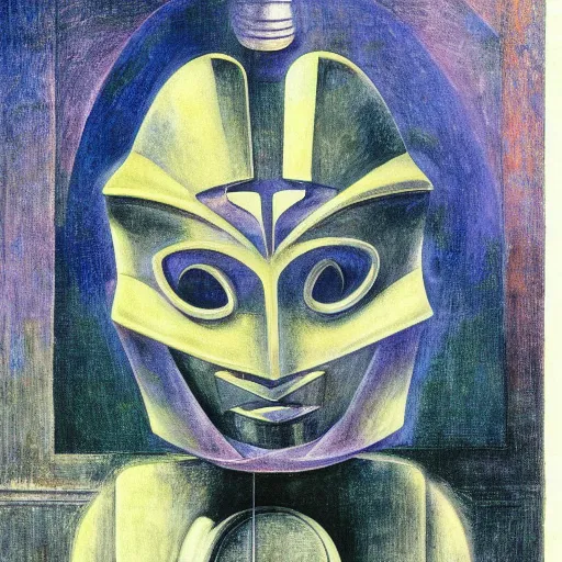Prompt: the robot in her mechanical mask, by annie swynnerton and diego rivera and leo and diane dillon and and kit williams, symbolist, dramatic lighting, elaborate geometric ornament, art brut, god rays, soft cool colors, smooth, sharp focus, extremely detailed, adolf wolfli