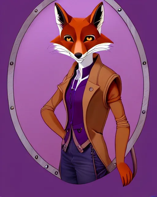 Image similar to don bluth, loish, artgerm, steampunk, clockpunk anthropomorphic fox girl, purple vest, smiling, symmetrical eyes symmetrical face, colorful animation forest background