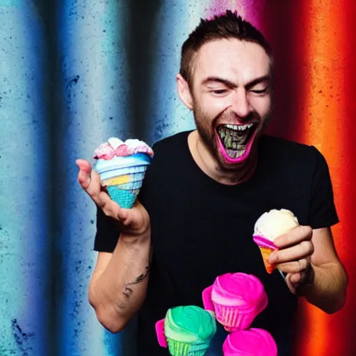 Image similar to thom york excitedly eating several colorful ice cream cones