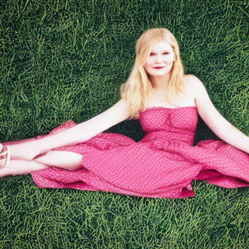 Prompt: realistic portrait of Kirsten Dunst, sitting on the grass barefoot.