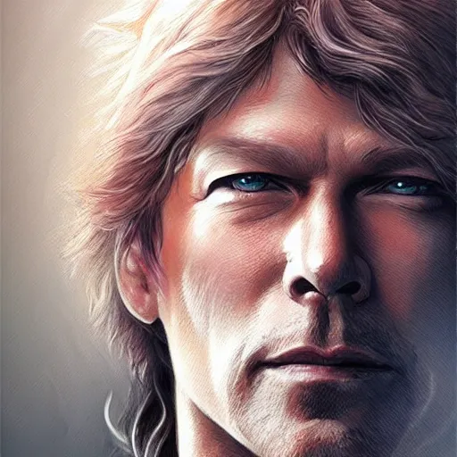 Prompt: john bon jovi portrait, intricate, highly detailed, digital painting, artstation, concept art, smooth, sharp focus, illustration, unreal engine 5, 8 k, art by artgerm and greg rutkowski and alphonse mucha