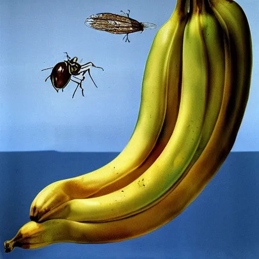 Prompt: a still life of a decomposing banana with a fly on it by Salvador Dali