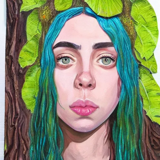 Image similar to Acrylic on canvas long shot of Billie Eilish as a wood princess with a leaf dress, low-key lighting, woods background, fairy tale, nature, forest, detailed face, realistic