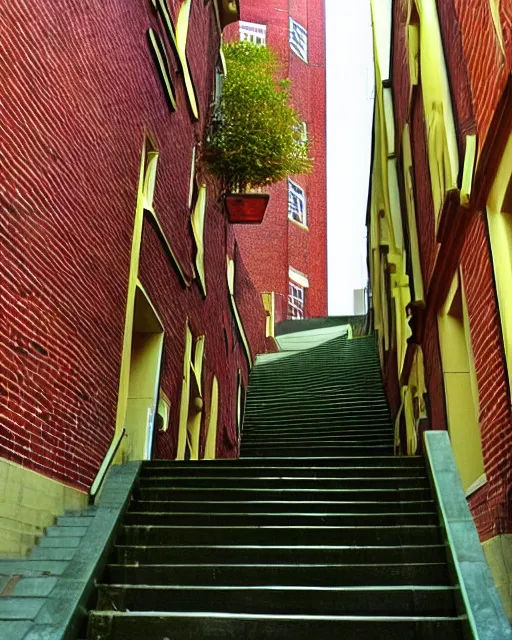 Image similar to golden staircase ascending towards the green staircase ascending towards the blue staircase ascending towards the red brick staircase ascending towards the moon