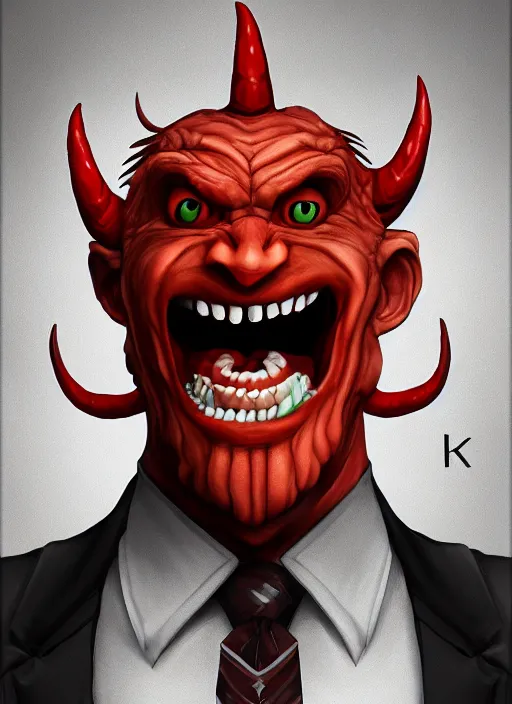 Prompt: a grinning devil dressed as an accountant, digital art, character portrait, high quality, 8 k, detailed,