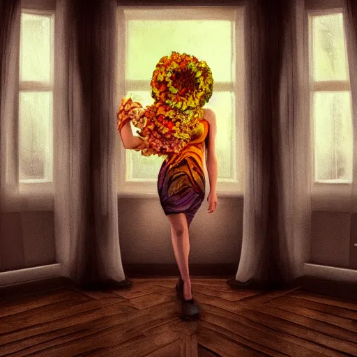 Image similar to giant flower under head, woman next to modern windows, luxury apartment, surreal photography, dramatic light, impressionist painting, digital painting, artstation, arthur adams