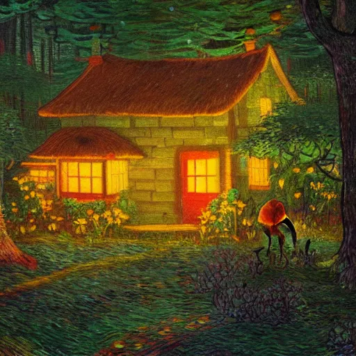 Image similar to mysterious detailed painting of a cozy woodland cottage in the woods at night, surrounded by giant glowing mushrooms, in the style of studio ghibli and moebius and claude monet and edward hopper and vincent van gogh