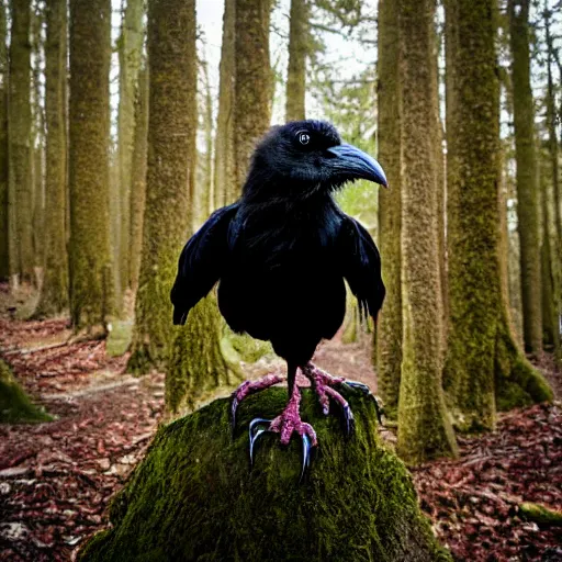 Image similar to anthropomorphic crow werecreature, photograph captured in a forest