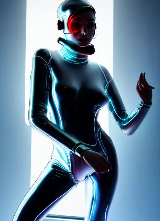 Image similar to a highly detailed long shot photo of sensual female humanoid with freckles cheeks, futurism, cyber neon lighting, detailed futuristic jewelry, futuristic glossy latex suit, profile posing, hyper photorealistic, crispy quality, digital photography, trending in pinterest, cinematic, 4 k ultra hd, art by pascal blanche, art by greg rutkowski, art by artgerm,