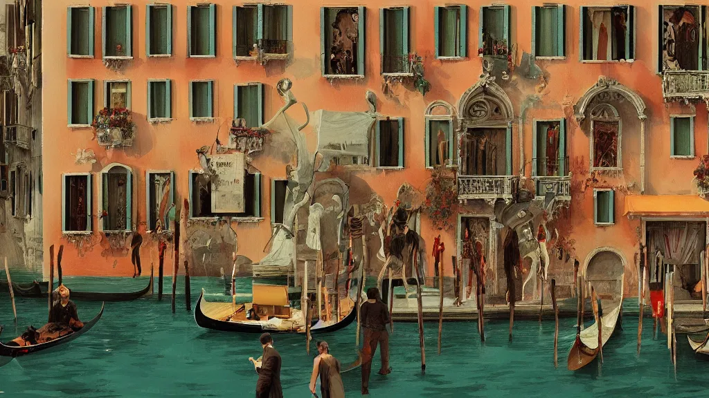 Image similar to Party in Venice, in the style of David Lynch, by Wes Anderson, concept art, artstation