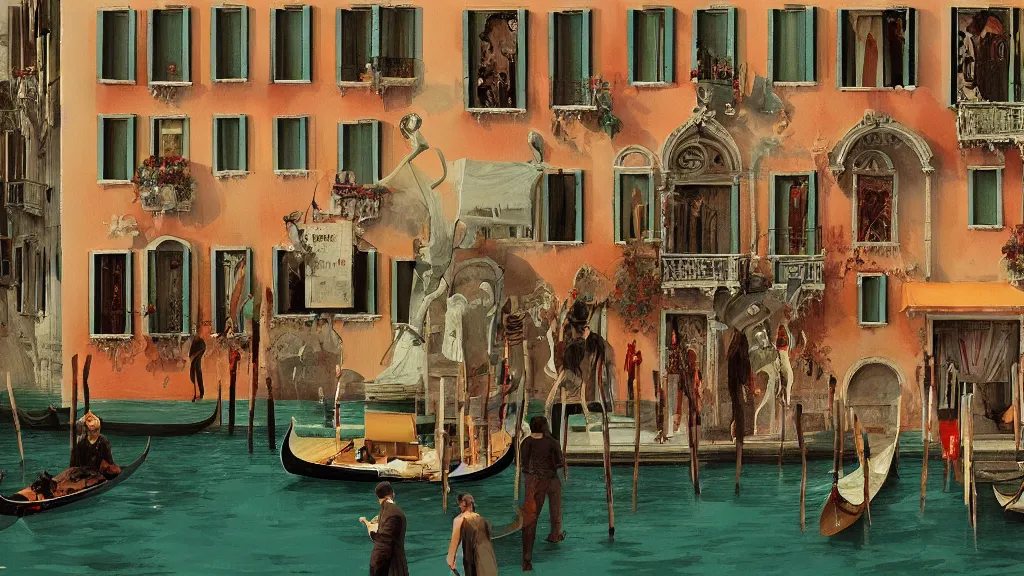 Prompt: Party in Venice, in the style of David Lynch, by Wes Anderson, concept art, artstation