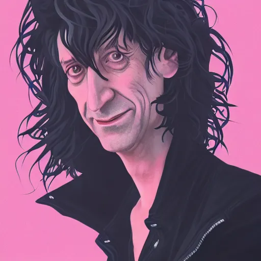 Image similar to closeup portrait of Neil Gaiman as The Sandman, pale skin, long black leather jacket, unruly hair, ambient lighting, 4k, anime key visual, lois van baarle, ilya kuvshinov, rossdraws, artstation