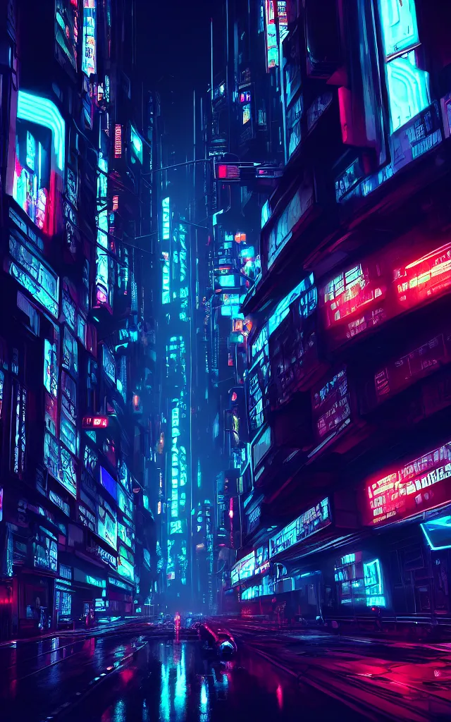 Prompt: concept art of a magnificent dark neon futuristic cyberpunk city bustling street at night cyberart in the style of liam wong in the film akira rendered in octane, 3 d render, trending on cgsociety, blender 3 d, displacement mapped,