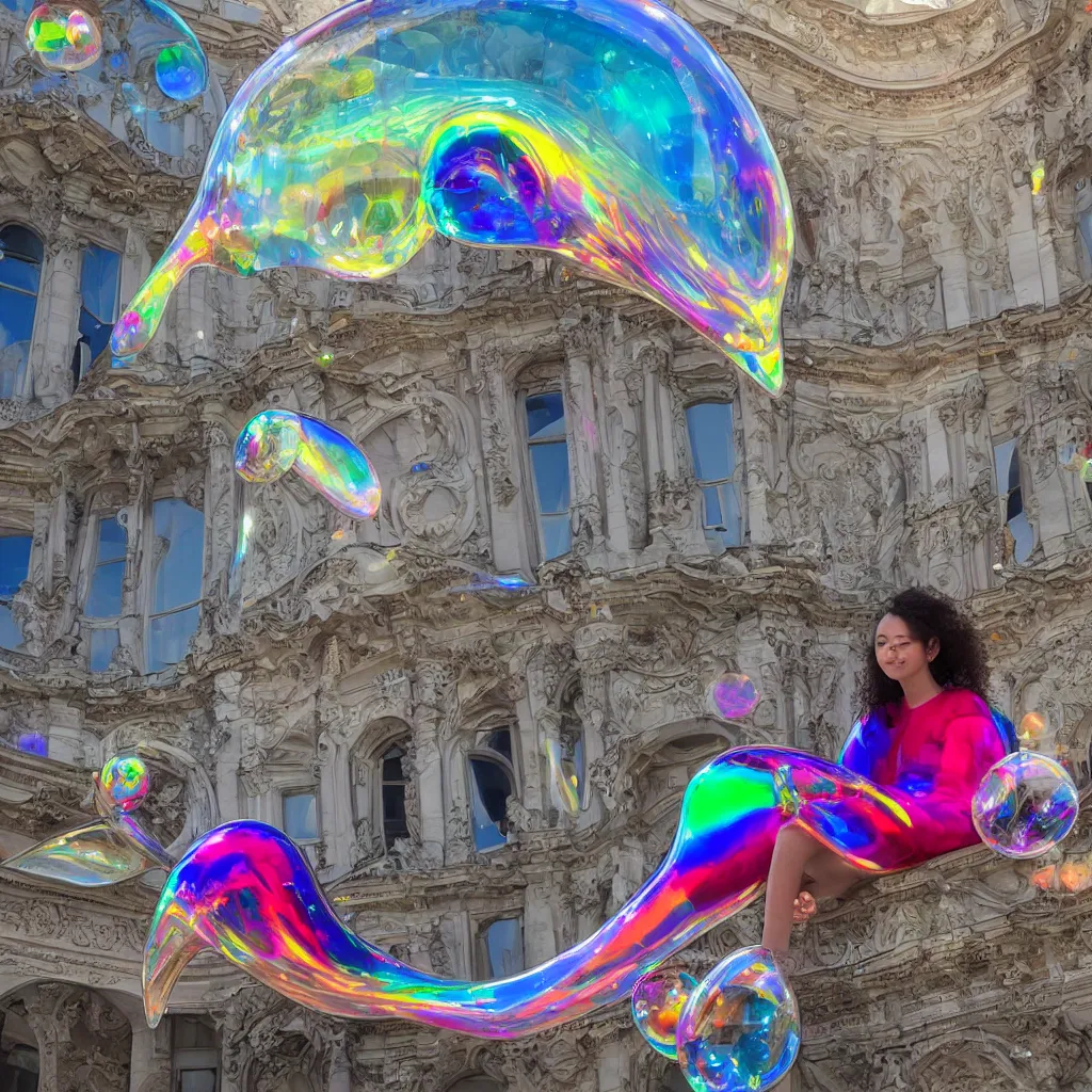 Prompt: a beautiful girl sitting on an unfinished klein bottle sculptural, chroma iridescence, colors, glassy, reflective and refractive, soap bubbles floating, situated on baroque theatre architecture background, morning light, data streaming