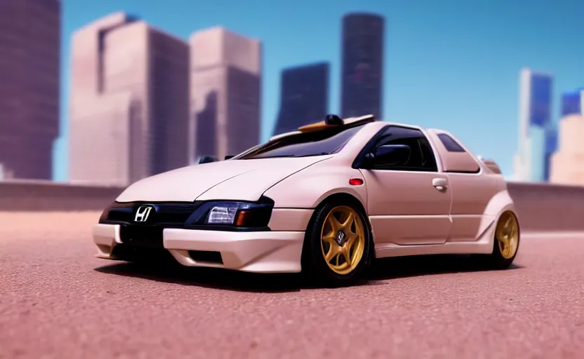 Image similar to photograph of a cell-shaded Honda EK9 Type-R, anime girl car wrap, speeding on a desert road with a futuristic city in the horizon, kicking up dirt, action shot, one point perspective, 1-point perspective, tilt shift, sigma 85mm f/1.4, 4k, depth of field, high resolution, 4k, 8k, hd, full color