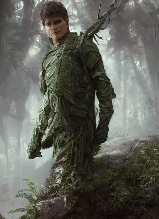 Prompt: portrait of a young richard dean anderson wearing a green combat uniform, in a post appocalyptic city overgrown by plants, by stanley artgerm lau, by wlop, by luis royo, by greg rutkowski, cover illustration, concept art, volumetric lighting, volumetric atmosphere, sharp focus, octane render, trending on artstation, 8 k