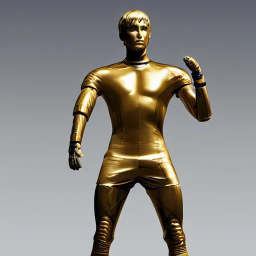 Image similar to a realistic detailed photo of a guy who is an attractive humanoid who is half robot and half humanoid, who is a male android, attractive and handsome soccer players, shiny skin, posing like a statue, blank stare, in a factory, on display, showing off his muscles, gold soccer shorts, side view, looking at each other mindlessly