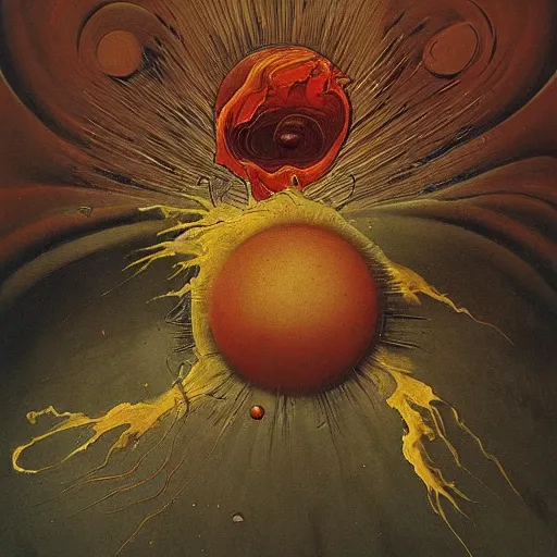 Image similar to a sphere being devoured by abstract splatters of paint in the style of francis bacon, venus being engulfed in flames in the style of james jean, surreal, beksinski, high detailed