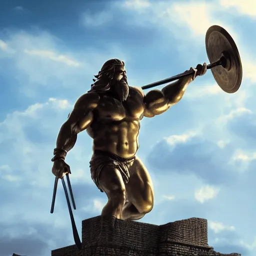 Image similar to a grand bronze statue of a burly muscular viking wielding a halberd, holding a hanging ancient scale balance in one outstretched hand, with a small building located on the scale balance, flowing hair and long robes, regal and menacing visage, built in a verdant field surrounded by ancient ruins, twilight sky, enhanced 4 k stylized digital art