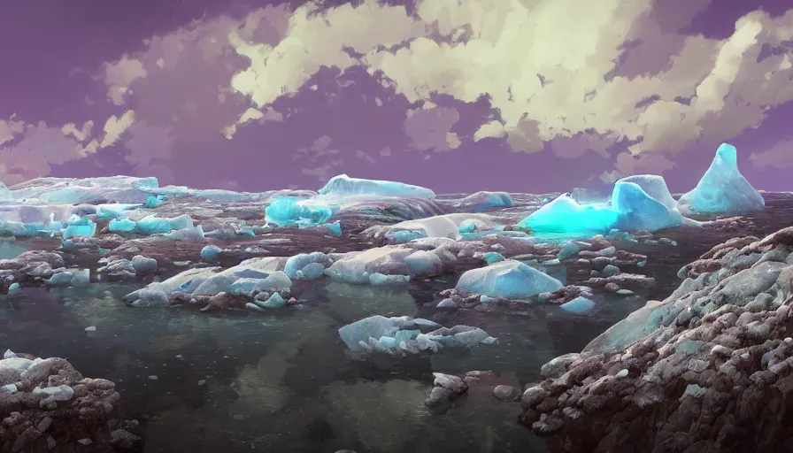 Image similar to A highly detailed digital art painting of icebergs near the tundra during the day, snowing, shimmering cloudy sky by Studio Ghibli, Makoto Shinkai, (((Makoto Shinkai))) by Artgerm, by beeple, volumetric lighting, octane render, 4K resolution, trending on artstation, masterpiece, vivid colours