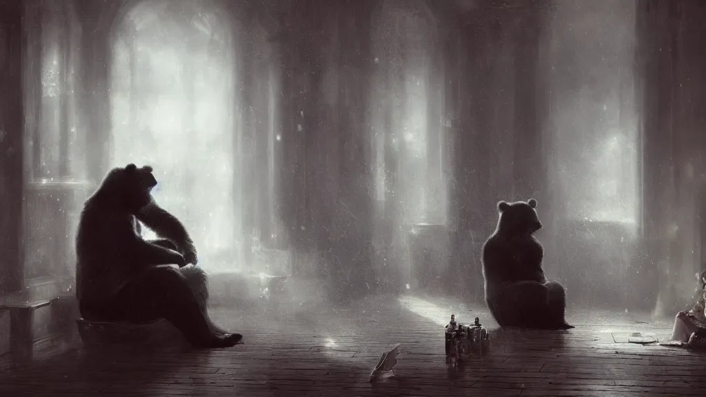 Image similar to bear gambler sitting alone in the melancholy club. andreas achenbach, artgerm, mikko lagerstedt, zack snyder, tokujin yoshioka