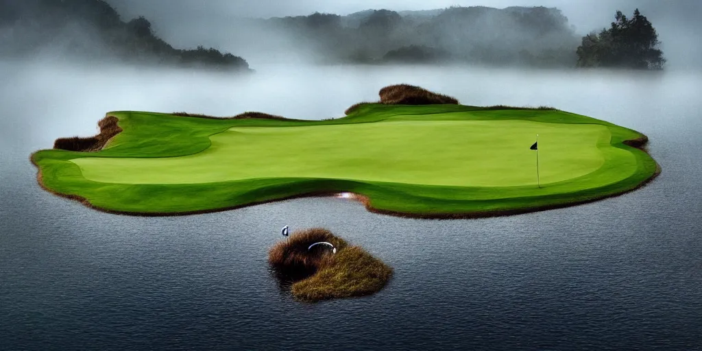 Image similar to a great photograph of the most amazing golf hole in the world, surrounded by water, giant octopus, ambient light, golf digest, top 1 0 0, fog