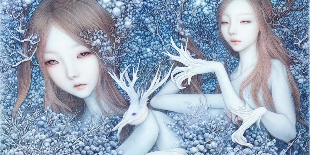 Image similar to breathtaking delicate detailed concept art winter creatures blend, by miho hirano, bizarre compositions, exquisite detail, pastel colors, 8 k