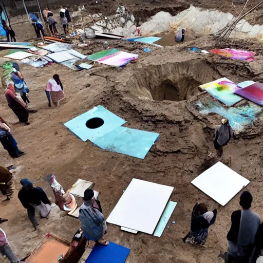 Prompt: a wide angle shot of a pile of art at the bottom of a deep hole, a long thin line of people lined up to drop their art into the hole