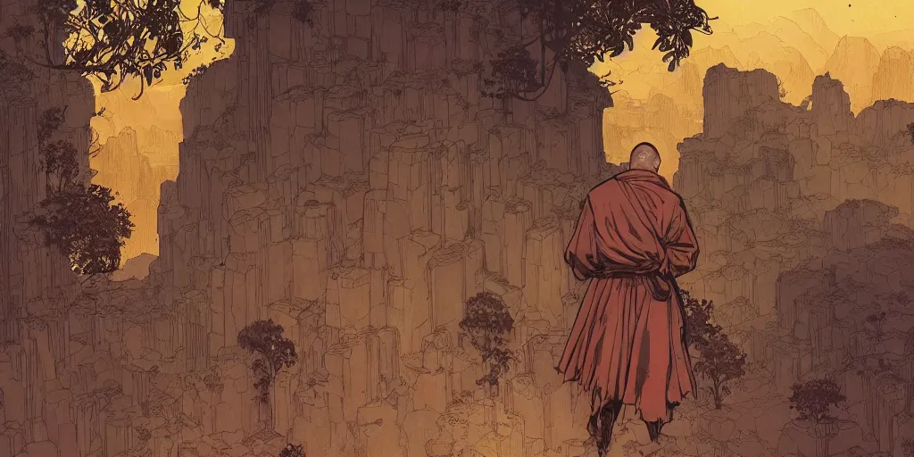 Prompt: portrait of the back of a monk, standing, Borderlands and by Feng Zhu and Loish and Laurie Greasley, Victo Ngai, Andreas Rocha, John Harris