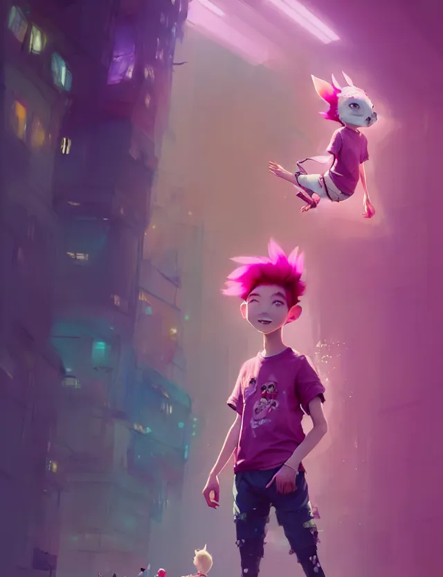 Image similar to a beautiful portrait of a cute boy with pink hair wearing tshirt and leggings under shorts in a city. character design by cory loftis, fenghua zhong, ryohei hase, ismail inceoglu and ruan jia. artstation, volumetric light, detailed, photorealistic, fantasy, rendered in octane