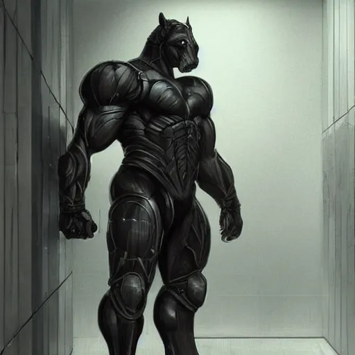 Image similar to a herculean anthro horse with an enormously muscular physique prowling in a black stealth suit, corridor of a high - tech facility, highly detailed, digital painting, artstation, concept art, illustration, art by artgerm, greg rutkowski, wlop