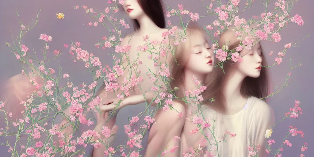 Prompt: breathtaking delicate painting pattern blend of flowers and girls, by hsiao - ron cheng, bizarre compositions, many exquisite detail, pastel colors, 8 k