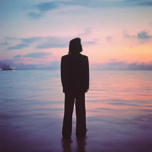 Image similar to japanese man with long hair in a suit standing in the ocean looking at the camera, wide shot, far!!!!!!! away, zoomed out, distance!!!!!!! shot, sunset, album cover, 1980, tatsuro yamashita, ride on time