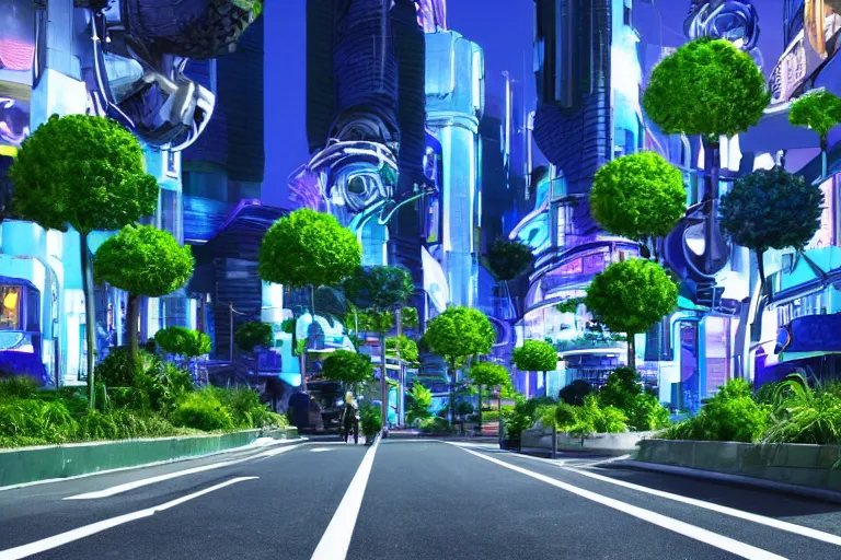 Image similar to a cinematic wideangle photograph of a utopian futuristic city street, green plants, blue sky, beautiful lighting, ultra realistic, movie still, futuristic utopia, ultra realistic