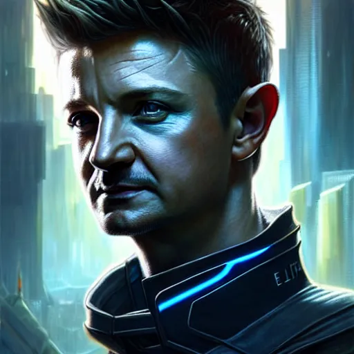 Image similar to portrait painting of a cyberpunk elven cop who looks like jeremy renner, ultra realistic, concept art, intricate details, eerie, highly detailed, photorealistic, octane render, 8 k, unreal engine. art by artgerm and greg rutkowski and charlie bowater and magali villeneuve and alphonse mucha